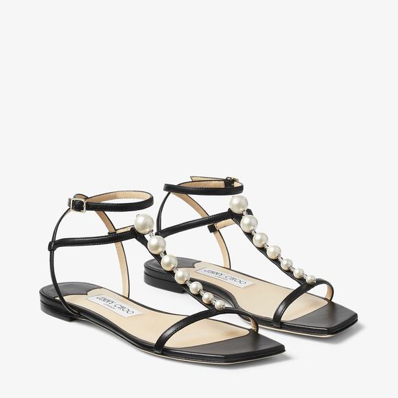 Jimmy Choo Amari Black Leather Pearl Ankle Wrap Sandals 36.5 - Picture 1 of 12
